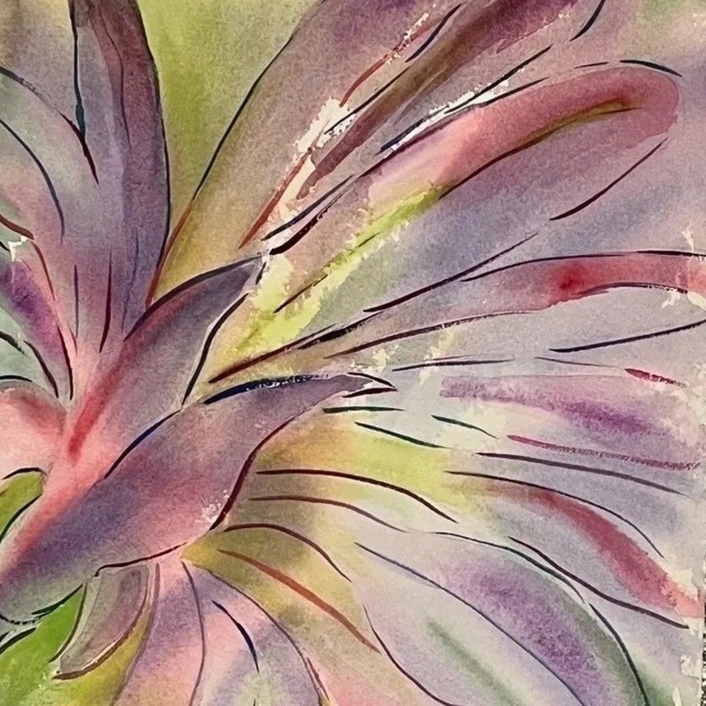 Original Abstract Floral Watercolor Painting Purple Pink Green 11x15 Wall Art - Picture 3 of 5